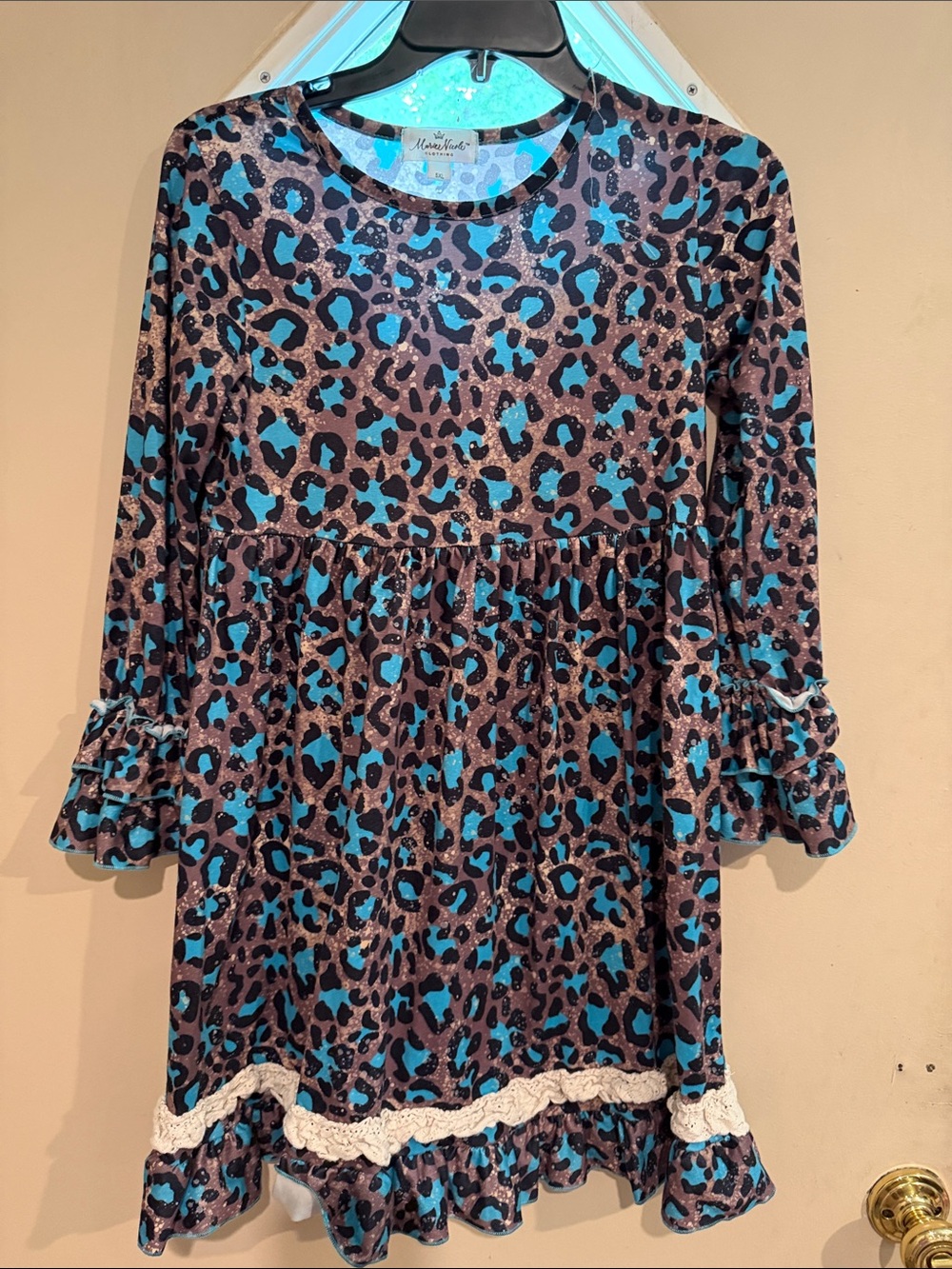 Girls' Turquoise Leopard Print Ruffle Hem Dress